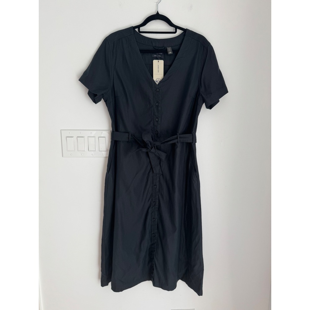 Dockers Womens Black Lyocell Cotton Midi Shirtdress Tie Waist Size L NEW